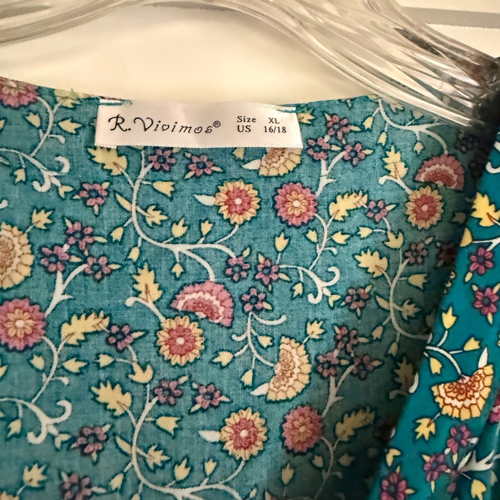 Boho Teal Floral Maxi Dress with Rust Trim and Tassel - Picture 5 of 5